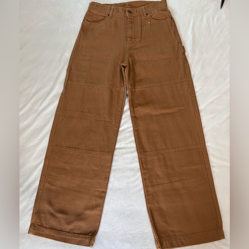 Brown Canvas Carpenter Pants Size 28 Workwear Utility Pockets Streetwear Cotton
